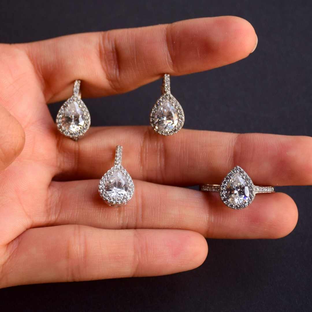 Halo Pear Pendant Earrings Ring Set