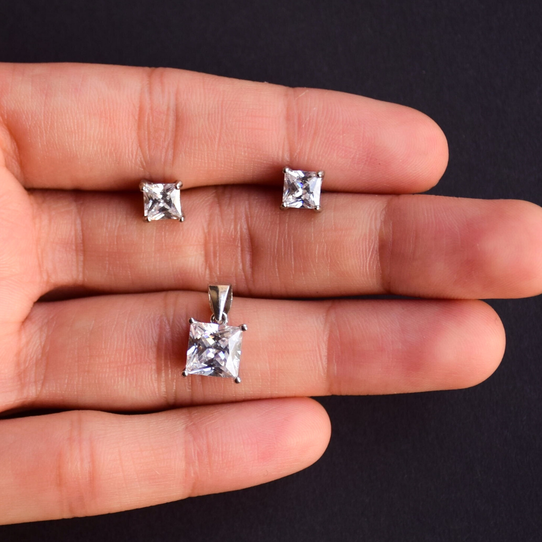 Square Solitaire Pendant Earrings Set