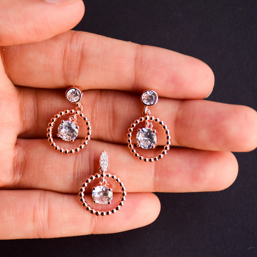 Circle & Hanging Diamond Pendant Earrings Set